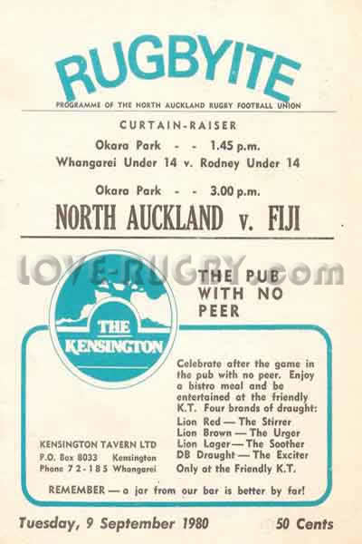 1980 North Auckland v Fiji  Rugby Programme
